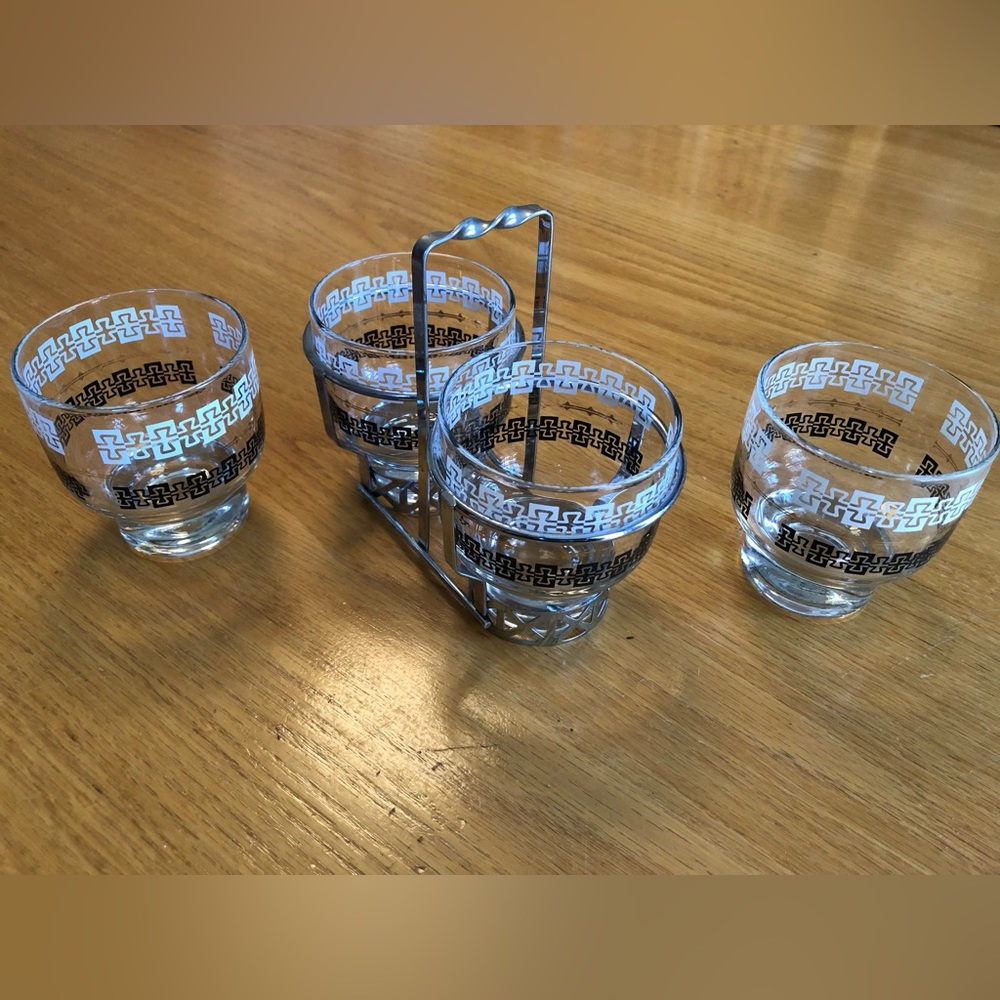 Libbey Mid Century Condiment Set with Caddy plus 2 Extra Matching Libbey Glasses